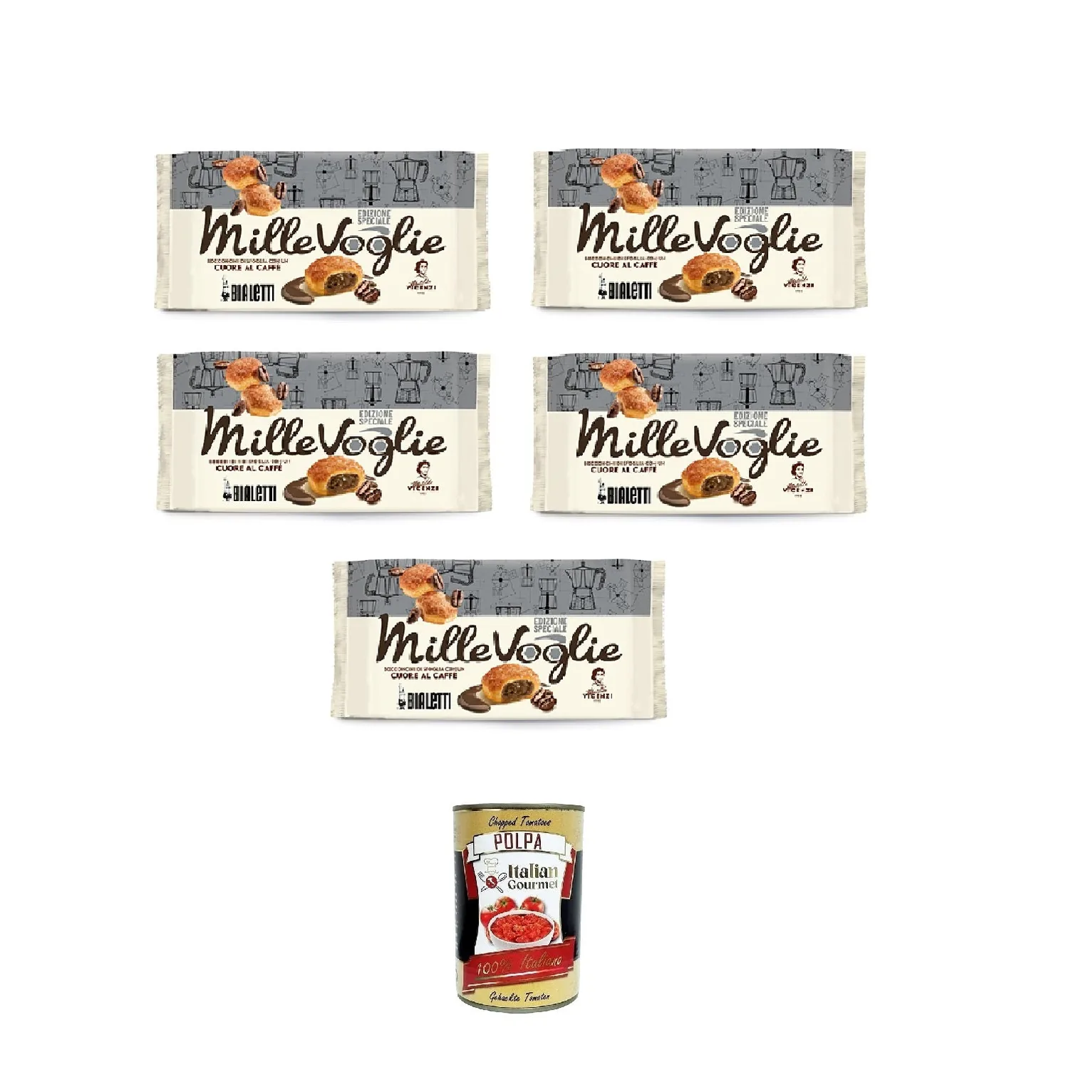 Matilde Vicenzi Millevoglie Caffè Bialetti 100g, Bouchées de pâte feuilletée Bialetti au cœur fourré au café 5x100gr + Italian Gourmet Polpa di Pomodoro 400g
