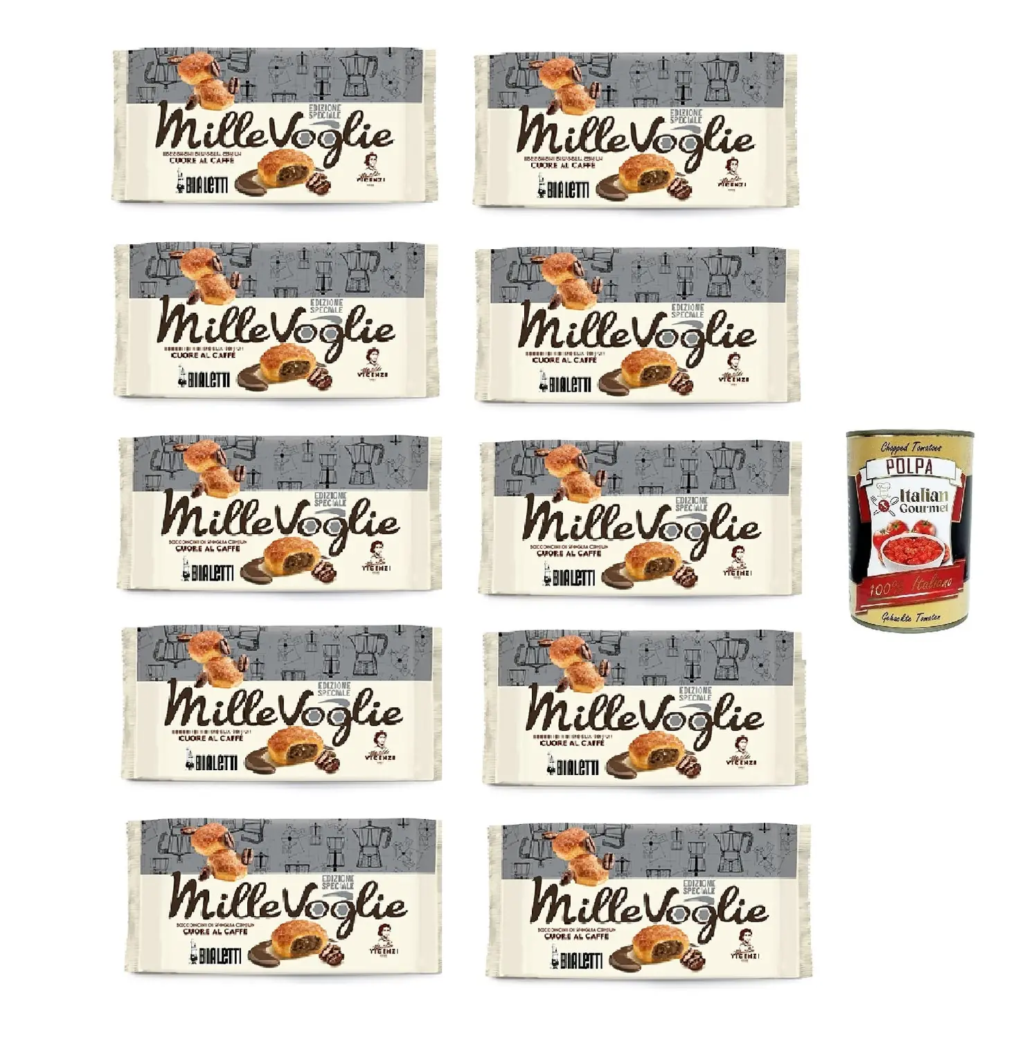 Matilde Vicenzi Millevoglie Caffè Bialetti 100g, Bouchées de pâte feuilletée Bialetti au cœur fourré au café 10x100gr + Italian Gourmet Polpa di Pomodoro 400g