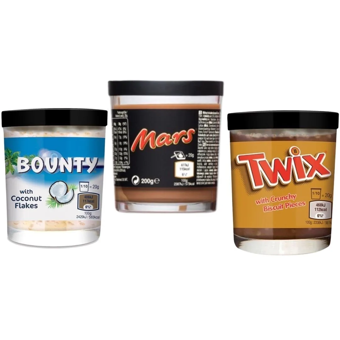 3 Crèmes à tartiner, trois pots de crèmes à tartiner de différents goûts