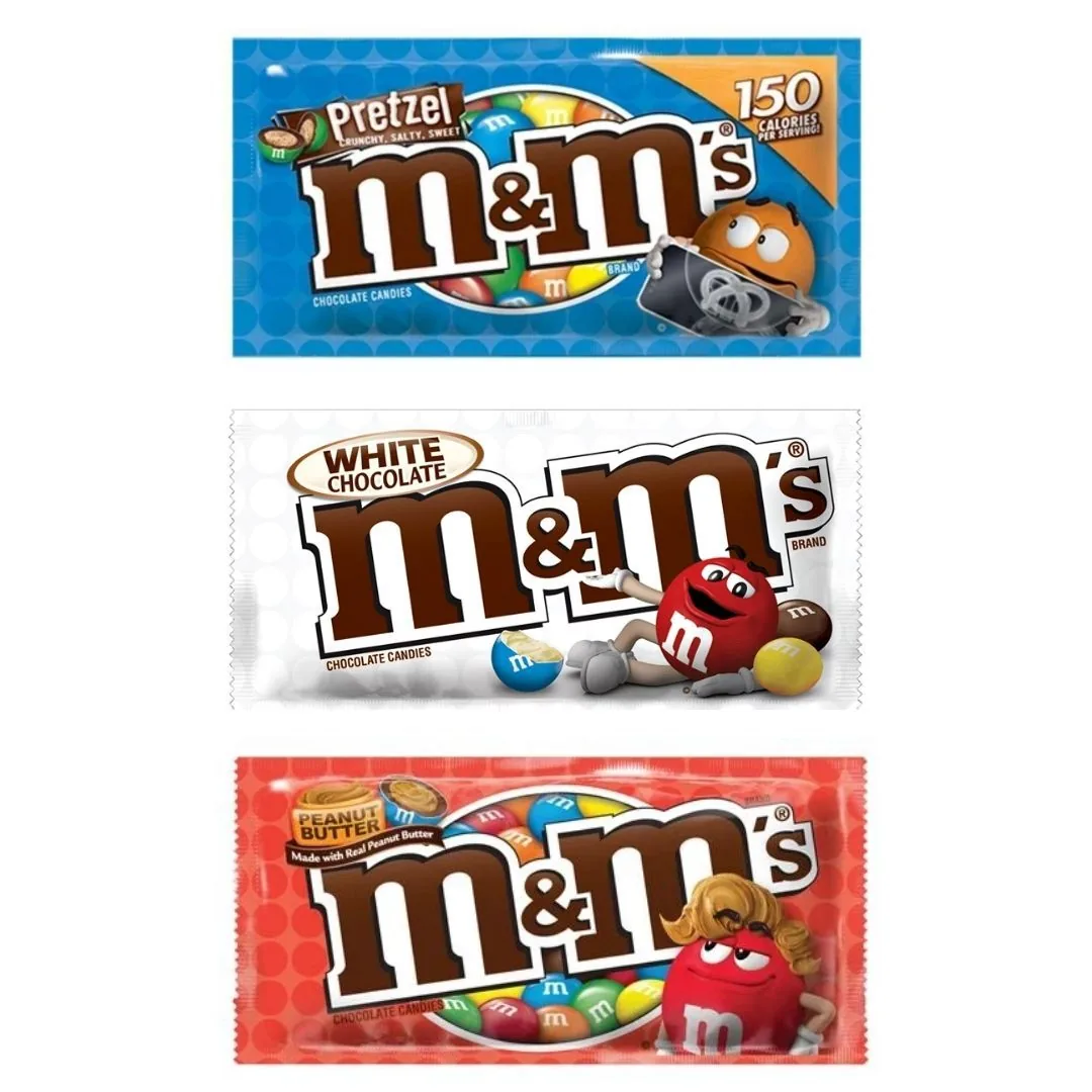 3 M&M's | Différents goûts, trois paquets de m&m's en différents goûts