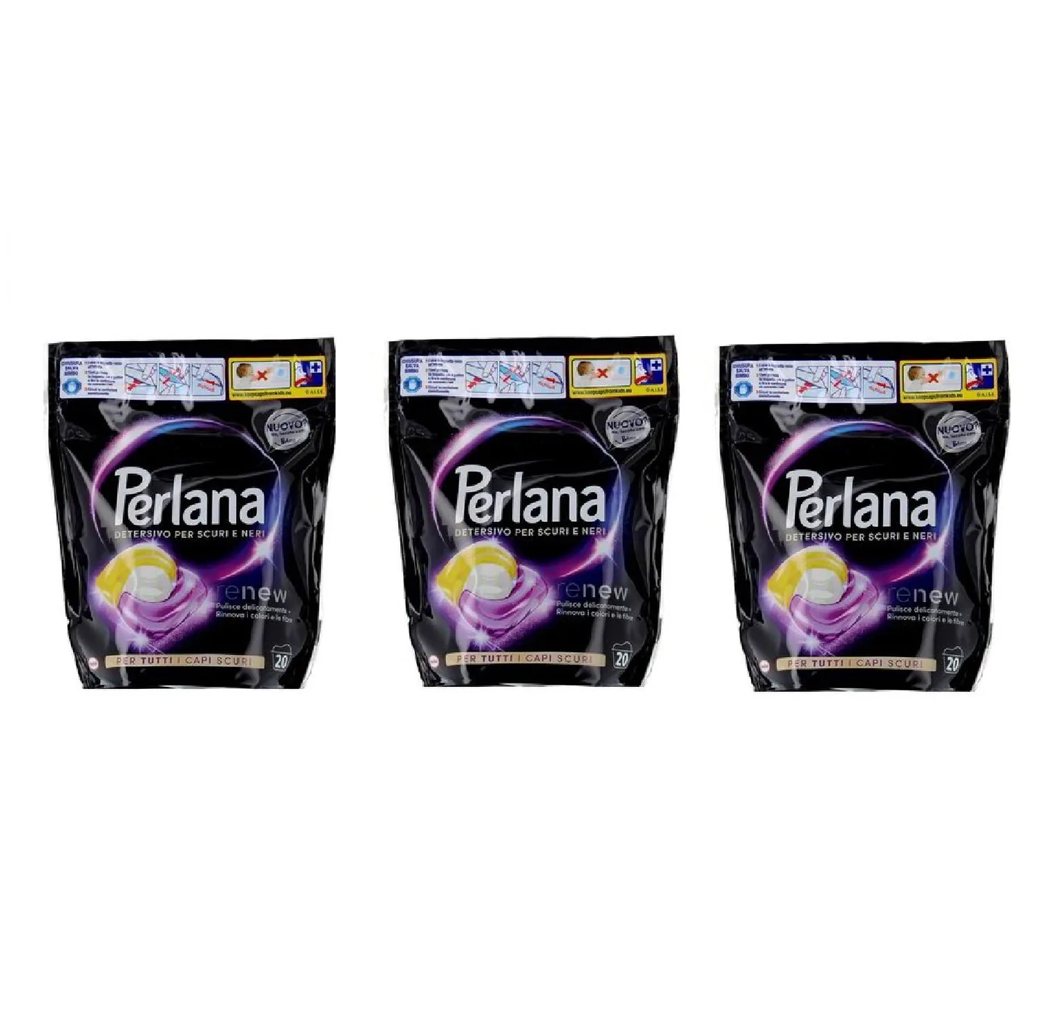 3 X Perlana Renew Black All In 1 Caps Lessive En Capsules Pour Machine À Laver Pour Vêtements Foncés – 3 Boîtes De 18 Capsules