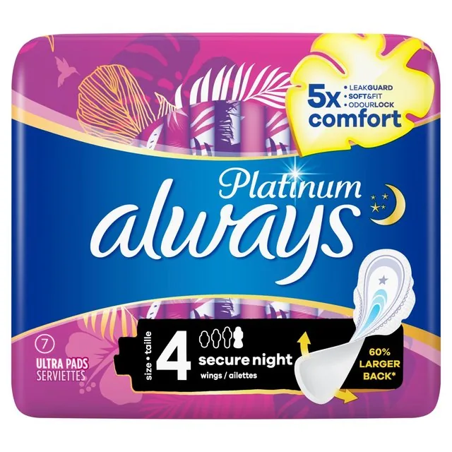 Always Platinum Pads Secure Night Size 4 Wings 7 per pack
