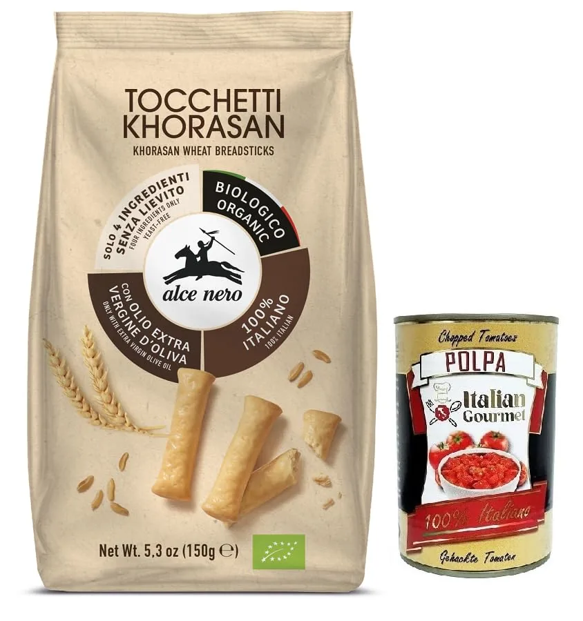 Alce Nero Tocchetti Bâtonnets À Breads, Produit De Cuisson Bio Avec Blé Khorasan Bio Et Huile D'olive Extra Vierge, Paquet De 150 G + Polpa Di Pomodoro Italian Gourmet Polpa Di Pomodoro 400 G