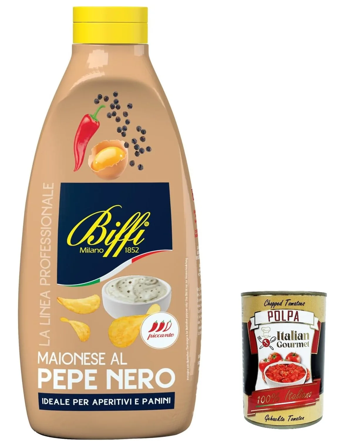 6 X Biffi Linea Professionale, Maionese Al Pepe Nero, Poivre Noir Mayonnaise Mayonnaise Sauce Squeeze 900 G + Polpa Italien Gourmet 400 G