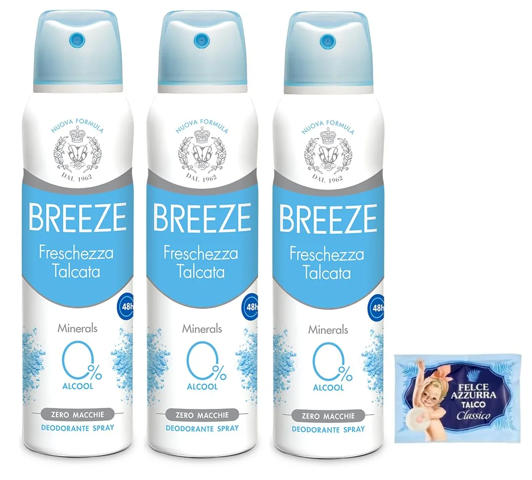 3x Breeze Déodorant Spray Fraîcheur Talcata Minerals, Zéro Taches Sur La Peau, 0 % Sels D'aluminium 150 Ml + 1 Enveloppe De Talc Fougère Bleue Offerte De 100 G