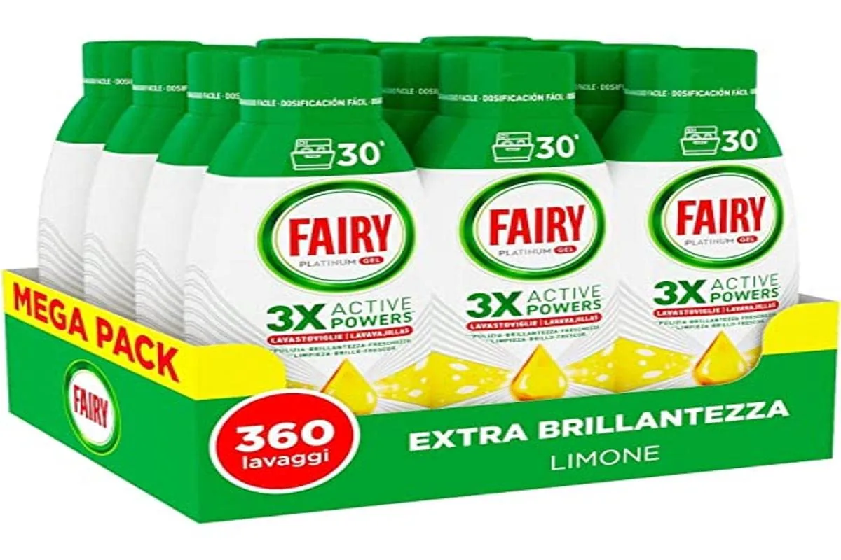 Fairy Lessive Lave-Vaisselle Gel Liquide, 360 Lavages, Lot De 12 Bouteilles, Platinum Citron, Donne Une Brillance Supplémentaire Au Lave-Vaisselle, Combine Propreté Brillance Et Fraîcheur