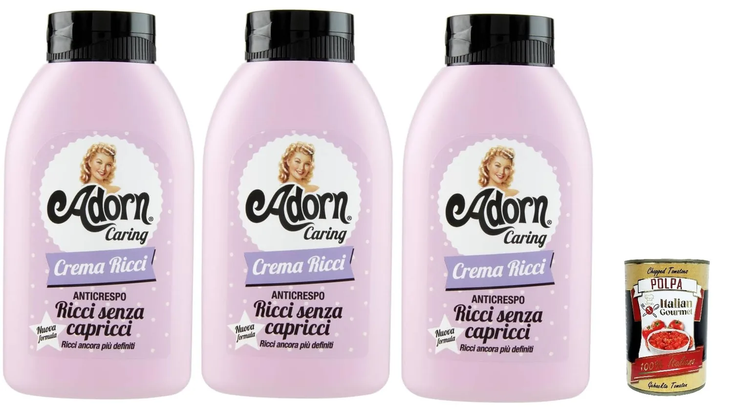 Adorn Crema Ricci Anticrespo - Crème Bouclée - Effet Anti-Frisottis - Donne Aux Cheveux Douceur Et Brillance 3 X 200 Ml + Italian Gourmet Polpa 400 G
