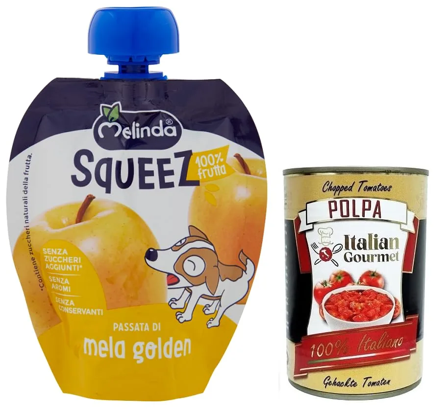 Melinda Passata Di Mela Golden Squeez 100 % De Fruits, Purée De Fruits Dorés, 90 G + Boîte De 400 G