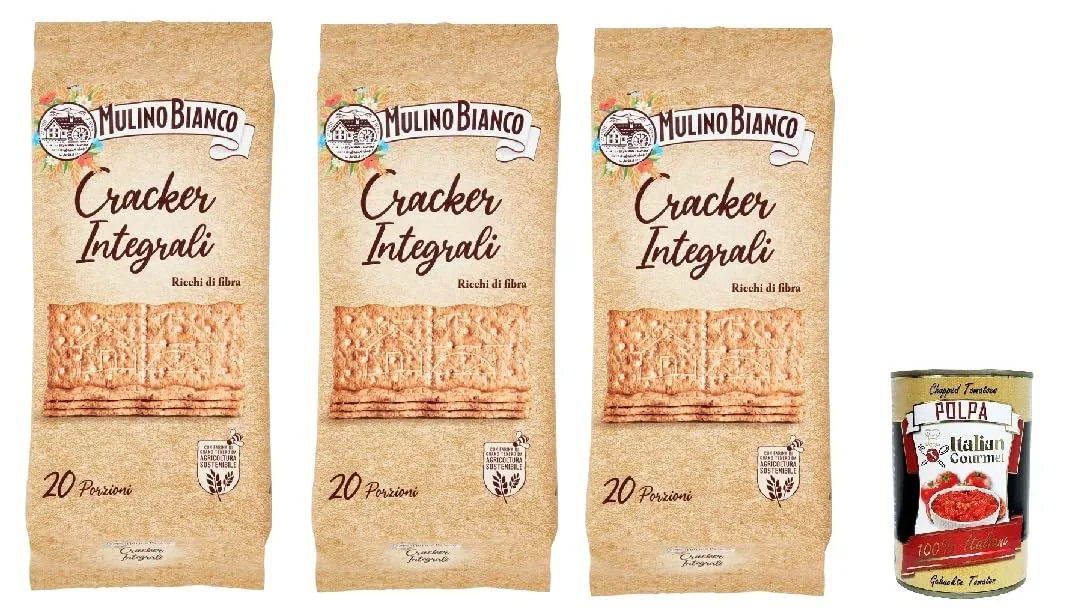 Mulino Bianco Cracker Integrali Con Farina Sostenibile Ricchi Di Fibre, Crackers À Pleine Farine, Riche En Fibres, 3x 500g + Italian Gourmet Polpa 400g
