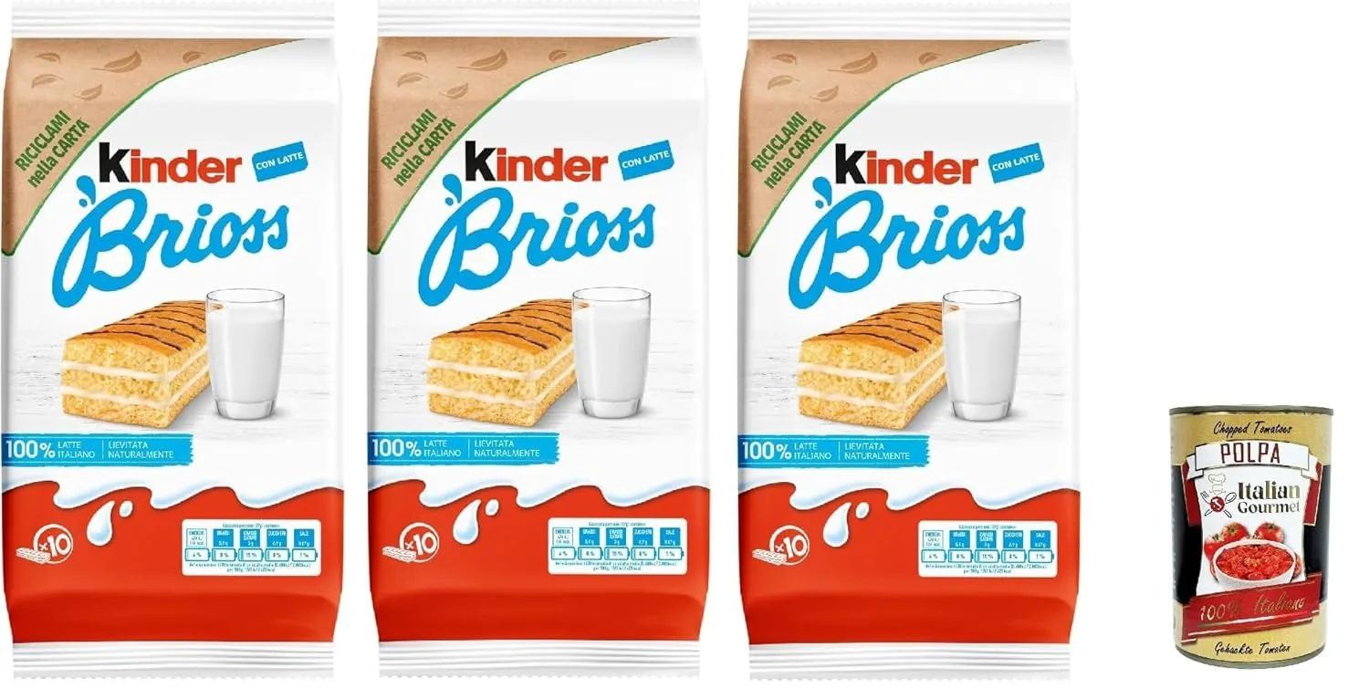 Kinder Brioss - 10 Collations Gâteau Éponge, Bien Sûr 100% De Garniture De Lait Italien, Excellent Pour Le Petit Déjeuner Et Les Collations, 3x 270 + Italian Gourmet Polpa 400g