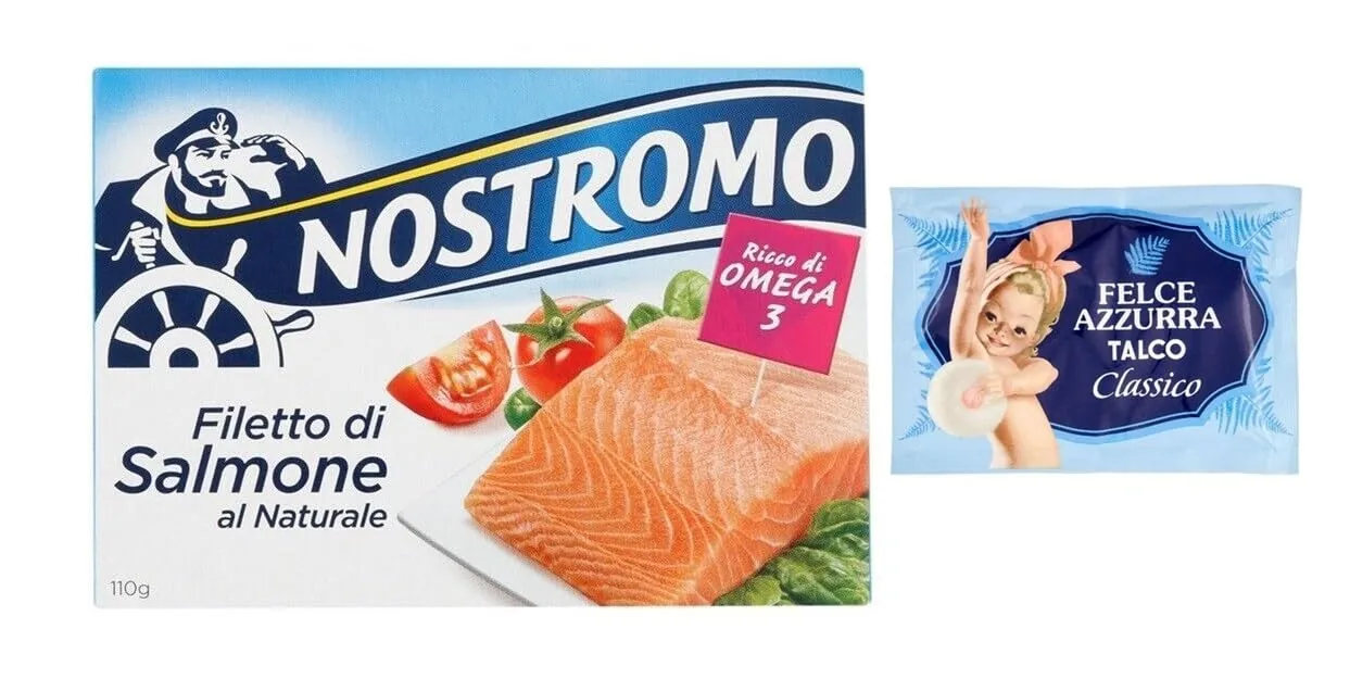 Nostromo Filetti Di Salmone Al Naturale Lot De 10 Filets De Saumon Naturels, 110 G + 1 Paquet De Talc Felce Azzurra Gratuit, Sachet De 100 G