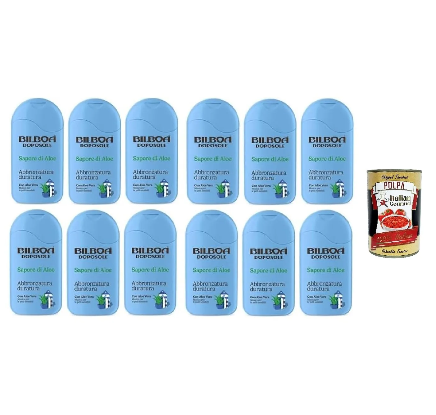 Bilboa Lot De 12 Crèmes Après-Soleil Doposole Sapore Di Aloe, Bronzage Longue Durée Avec Aloe Vera, Musique Pour Peaux Sensibles, Testé Dermatologiquement - 200 Ml + Italian Gourmet Polpa 400gr