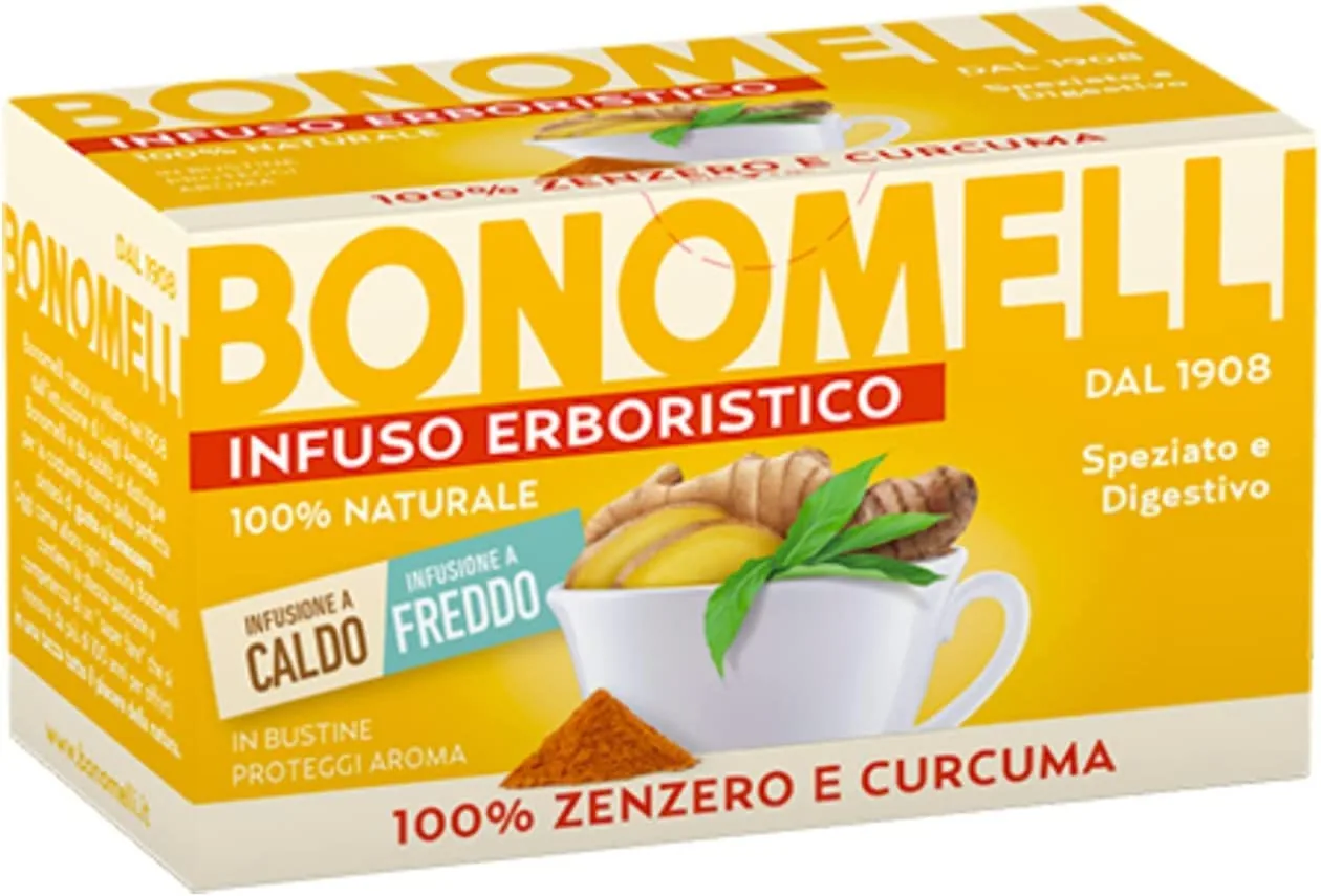 Bonomelli Infusi Erboristici Zenzero E Curcuma Infusion Avec Gingembre Et Curcuma Paquet De 16 Filtres Ingrédients 100 % Naturels
