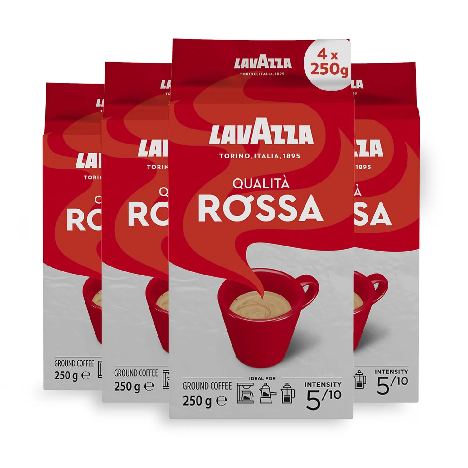 Lavazza Qualità Rossa – Lot De 4 Cafés Moulus, Torréfaction Moyenne, 250 G Chacun