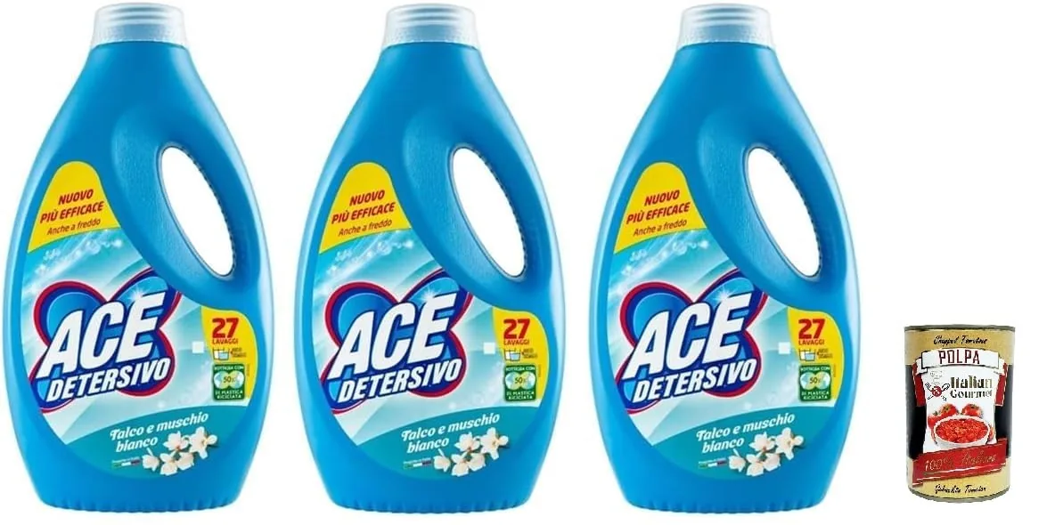 Ace Detersivo Lavatrice Talk Et Musc Blanc Lessive Liquide Pour Machine À Laver Efficace Sur Tous Les Types De Taches, 3 X 27 Lavages 1350 Ml + Italian Gourmet Polpa 400 G