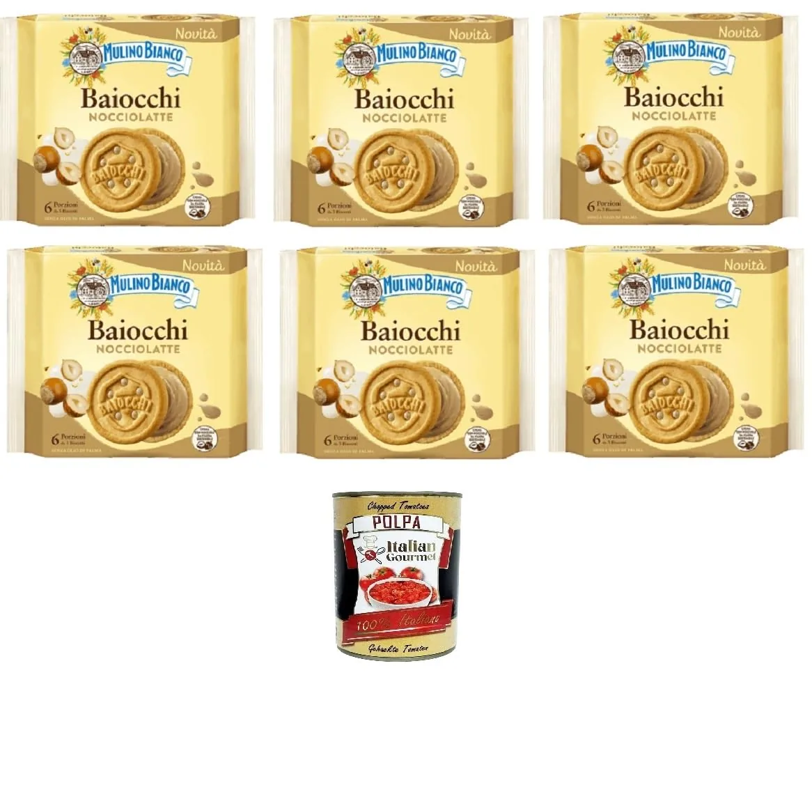 Mulino Bianco Baiocchi Nocciolatte Lait de noisette 6x168g – Biscuits italiens à la crème de lait de noisette – Sans huile de palme – Originaire d'Italie + Italian Gourmet polpa 400g
