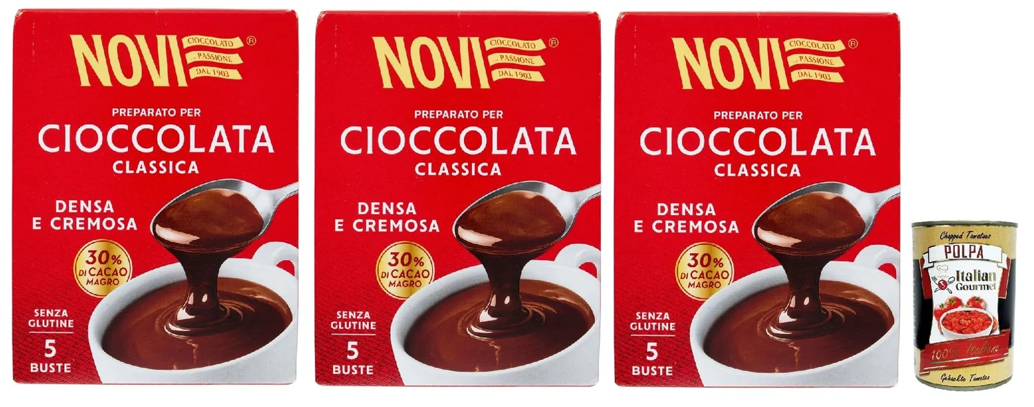 Novi, Preparato Per Cioccolata, Gusto Classico Chocolat Chaud Soluble Chocolat Instantané, Istant Hot Chocolate, Adapté À La Préparation Végétalienne, 3x 125g + Italian Gourmet Polpa 400g
