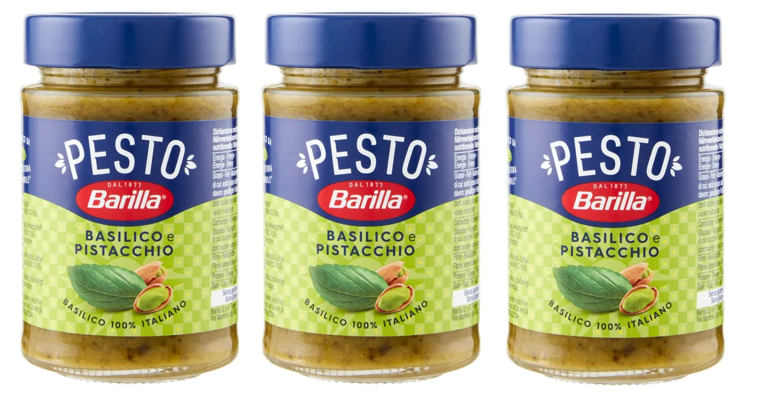 3x Barilla Pesto Basilico E Pistacchio Pesto Au Basilic Et Pistaches Fabriqués À Partir D'une Agriculture Durable 190g Sauce Italienne Sans Gluten