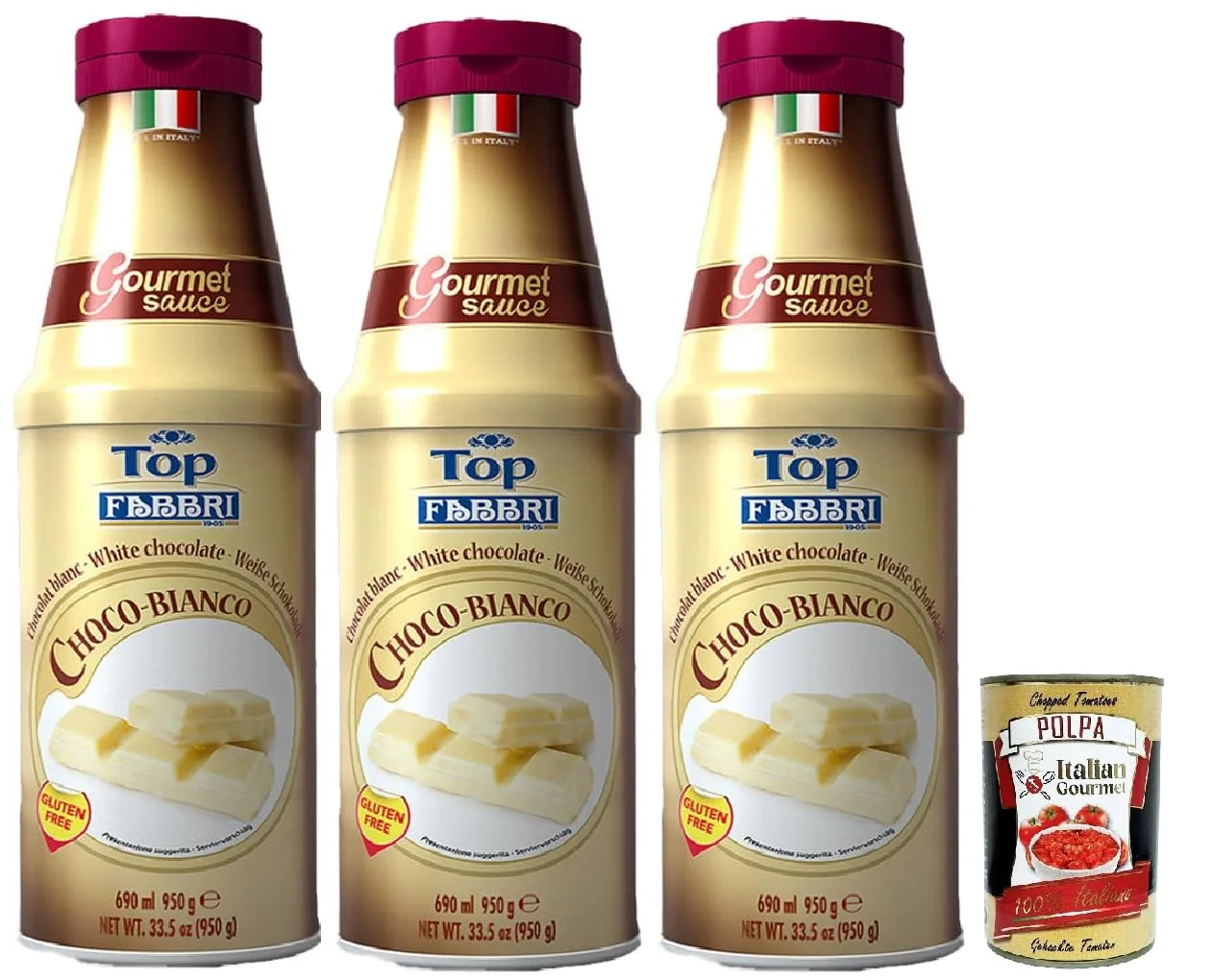 Fabbri Lot De 3 Sauces Pour Garnitures Cioccolato Bianco, Chocolat Blanc Pour Glace, Desserts Et Café - 3 X 950 G - Sans Gluten - Sauce Prête À L'emploi + Italian Gourmet Polpa 400 G
