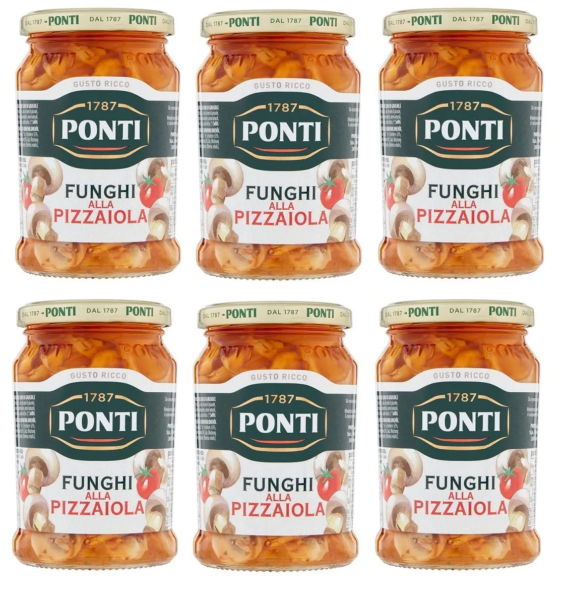 6x Ponti Funghi Prataioli Alla Pizzaiola À Olio Di Semi Di Girasole Champignons Pizzaiola Dans L'huile De Tournesol 280 G Verre