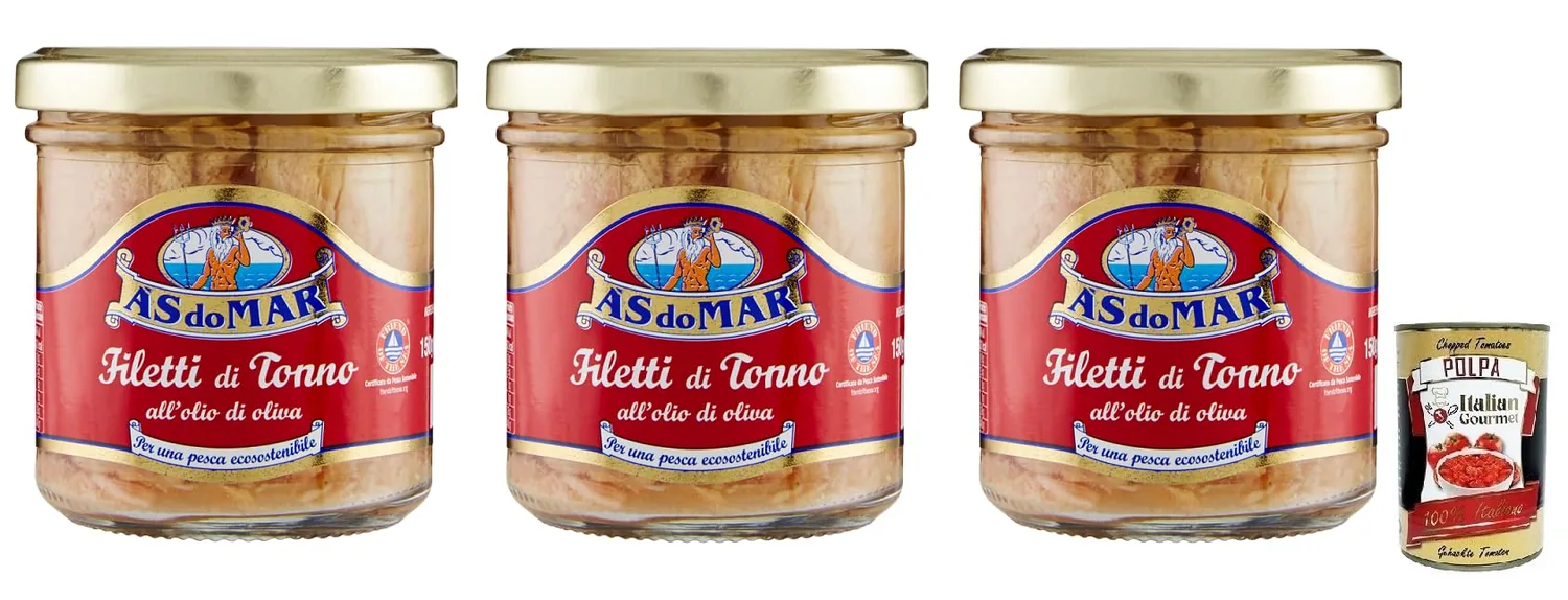 As Do Mar Filetti Di Tonno All'olio Di Olio Di Olio Di Oliva Lot De 3 Filets De Thon À L'huile D'olive, Verre De 150 G + Boîte Italienne Gourmet Polpa Di Pomodoro 400 G
