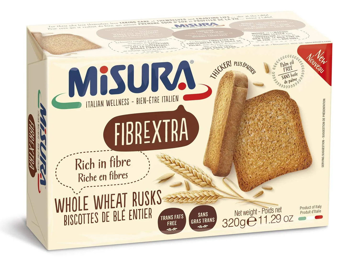 3 X Misura Fibraextra Fette Biscottate Extra Fibre Whole Wheat (Integrale) Rusks Cackers 320 G Health Food!