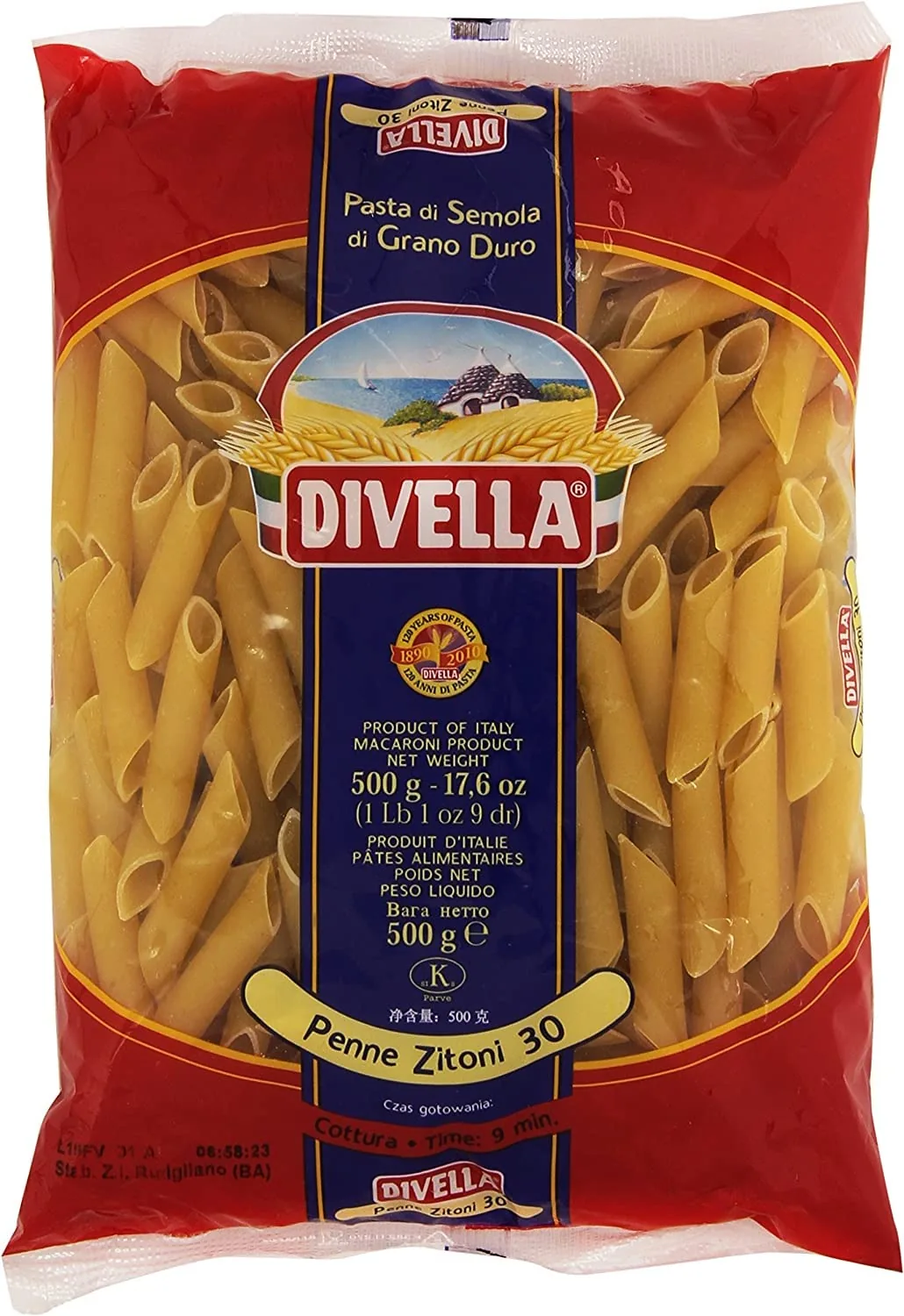 Lot De 20 Pâtes Divella 100 % Italiennes N° 30 Penne Zitoni 500 G