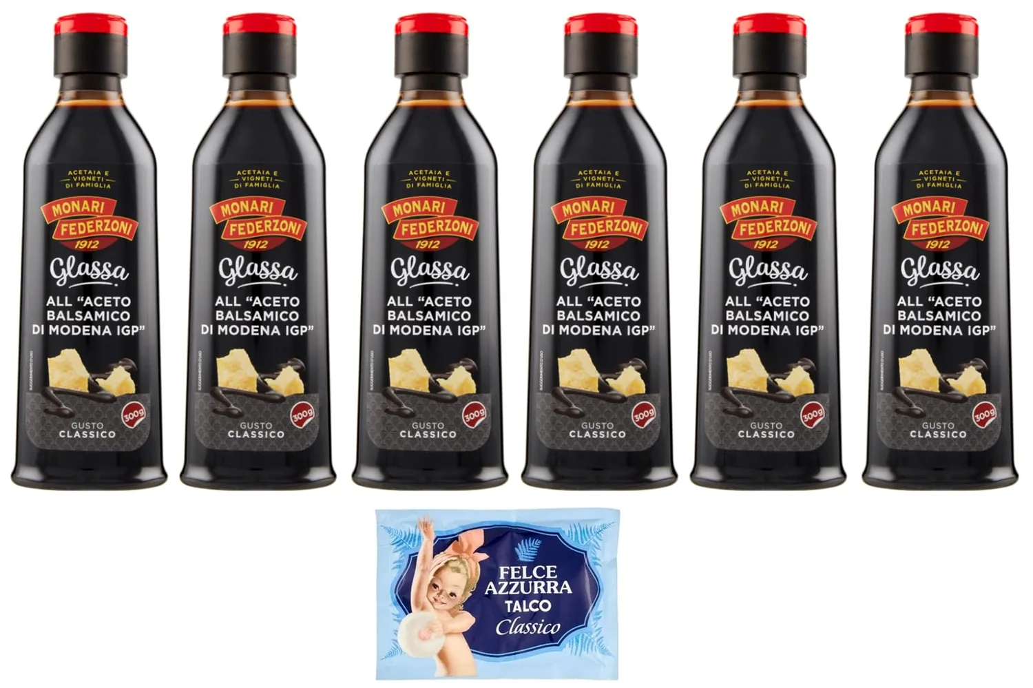 Monari Federzoni Glassa All'aceto Balsamico Di Modena - Lot De 6 Crèmes Glacées Au Vinaigre Balsamique De Modène I.G.P. - 300 G + 1 Sachet De Talc Felce Azzurra Gratuit - Sachet De 100 G