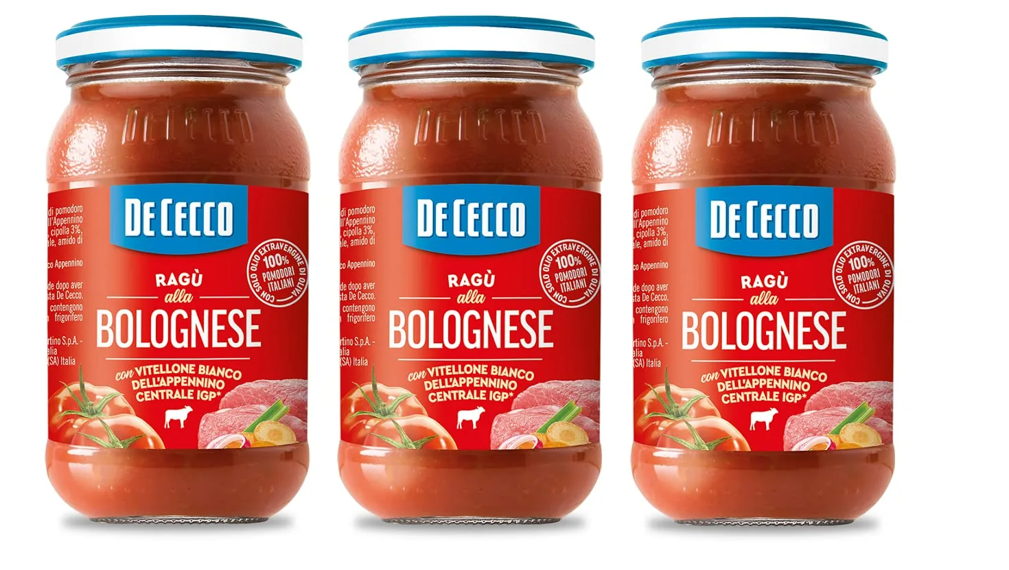 3 X De Cecco Ragù Alla Bolognese Con Vitellone Bianco Dell'appenino Centrale Igp Sauce Au Boeuf Blanc Du Centre Des Apennins Igp Avec 100% De Tomates Italiennes 190g