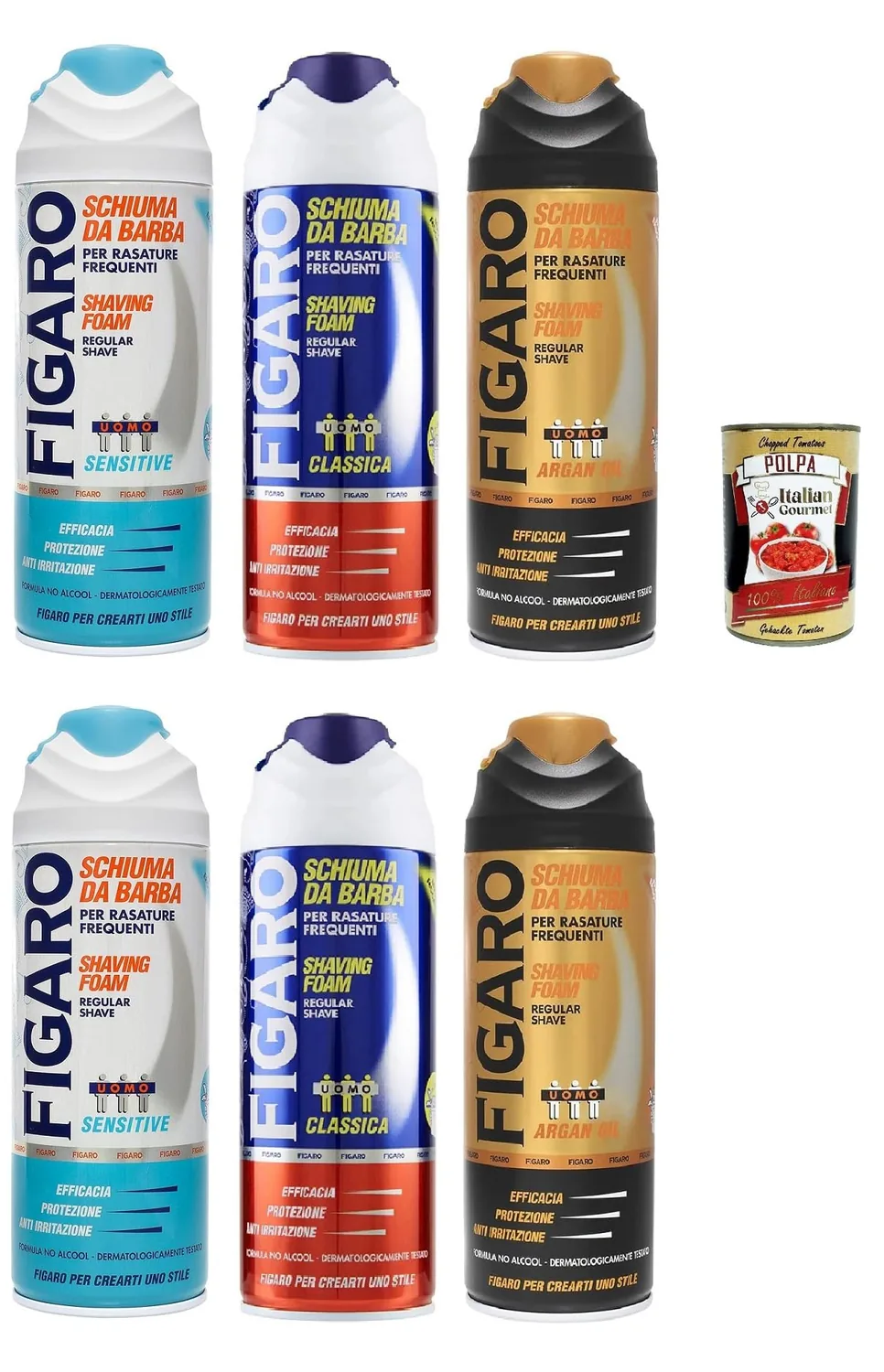 Figaro Kit De Test De Mousse À Barbe – Pour Rasage Fréquent – Mousse À Barbe Douce Et Confortable – 6 X 400 Ml + Italian Gourmet Polpa 400 G