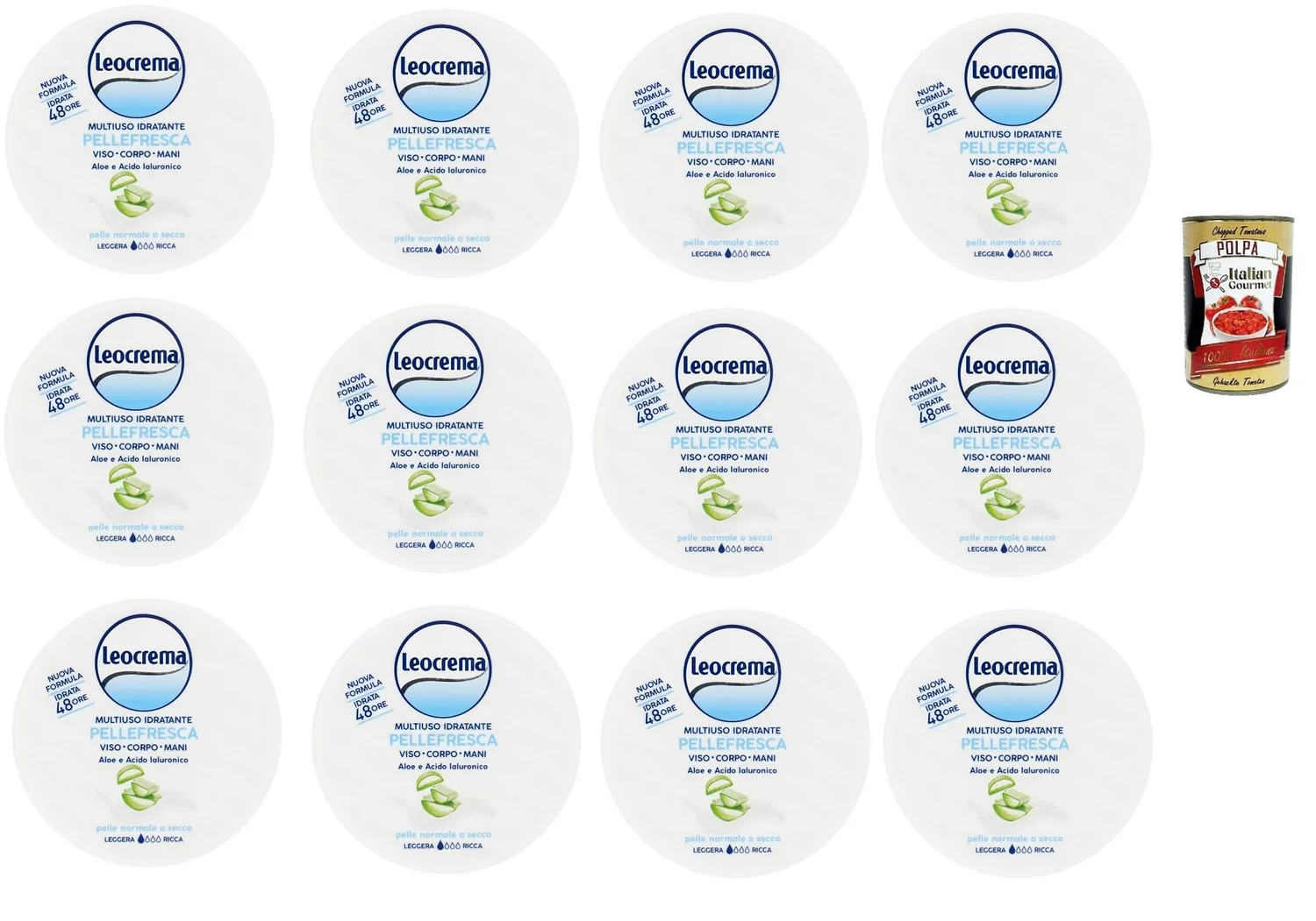 Leocrema Crema Idratante Multiuso Pellefresca Crème Hydratante Polyvalente Avec Aloe Vera Et Acide Hyaluronique, Idéale Pour Le Visage, Le Corps Et Les Mains, Peau Fraîche 12 X 150 Ml + Polpa Italian