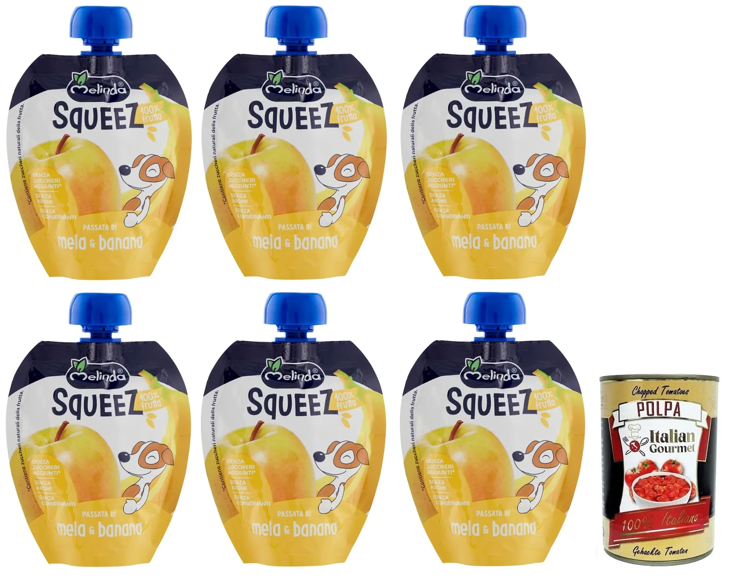 Melinda Mela Banana Squeez 100 % Purée De Fruits, Pommes Et Bananes, Fruits À Presser, 90 G + Polpa Di Pomodoro Italian Gourmet Polpa Di Pomodoro 400 G
