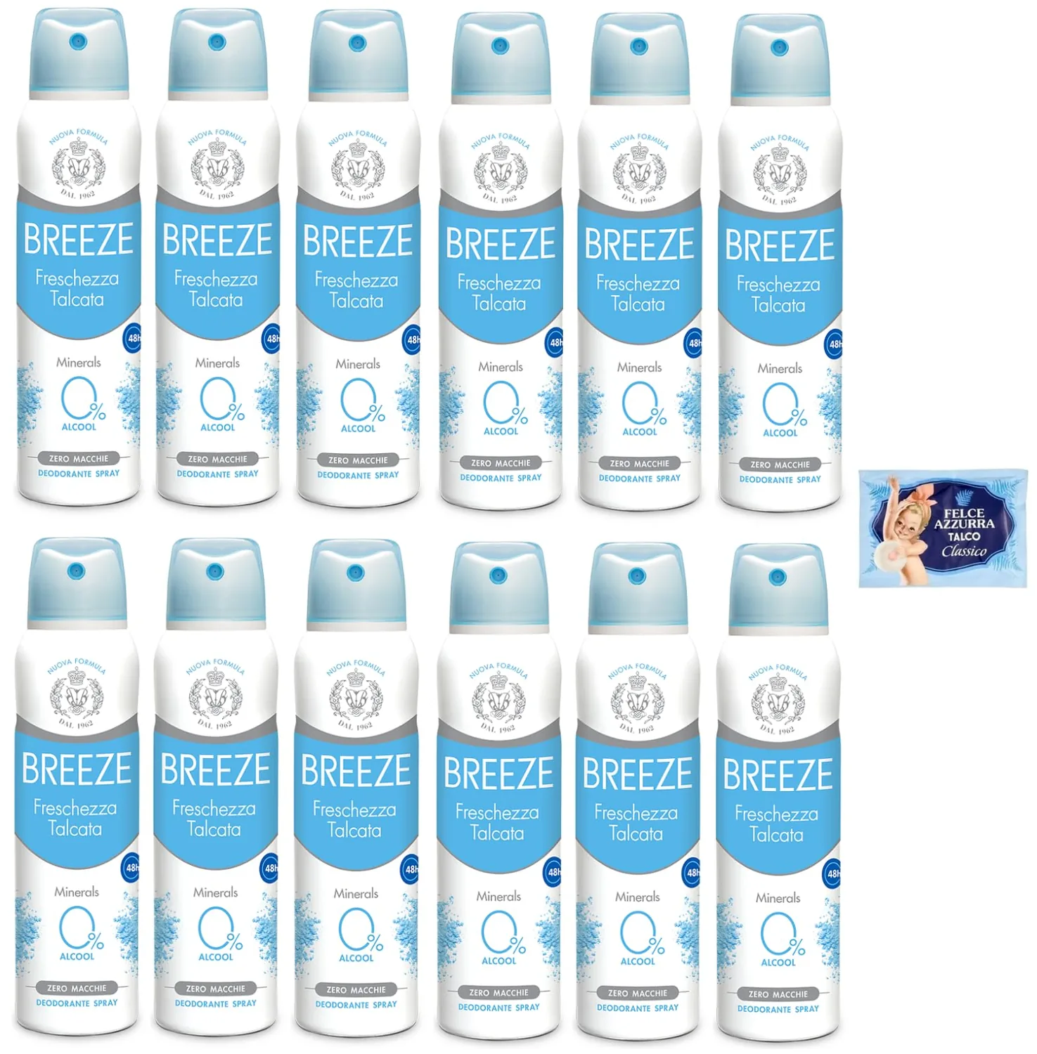 12 X Breeze Déodorant Spray Fraîcheur Talcata Minerals, Zéro Taches Sur La Peau, 0 % Sels D'aluminium 150 Ml + 1 Enveloppe De Talc Fougère Bleue Offerte De 100 G