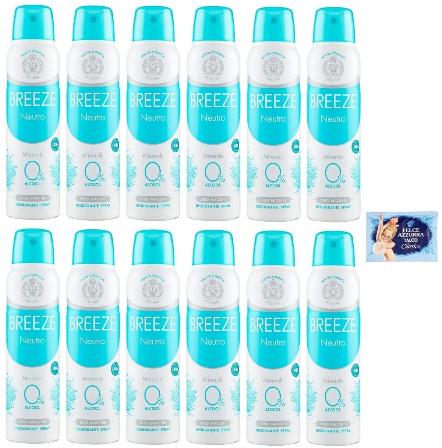 12 X Breeze Déodorant Spray Neutre Minerals, Zéro Taches Sur La Peau, 0 % Sels D'aluminium 150 Ml + 1 Paquet De Talc Fougère Bleue Gratuit, Enveloppe De 100 G