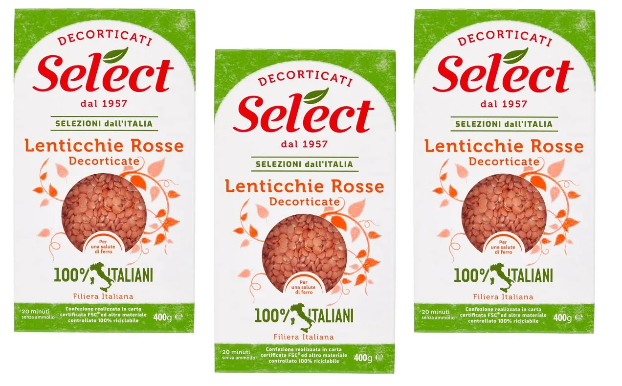 3x Select Lenticchie Rosse Decorticate Lentilles Rouges Pelées 100% Italiennes Papier Emballage De 400g