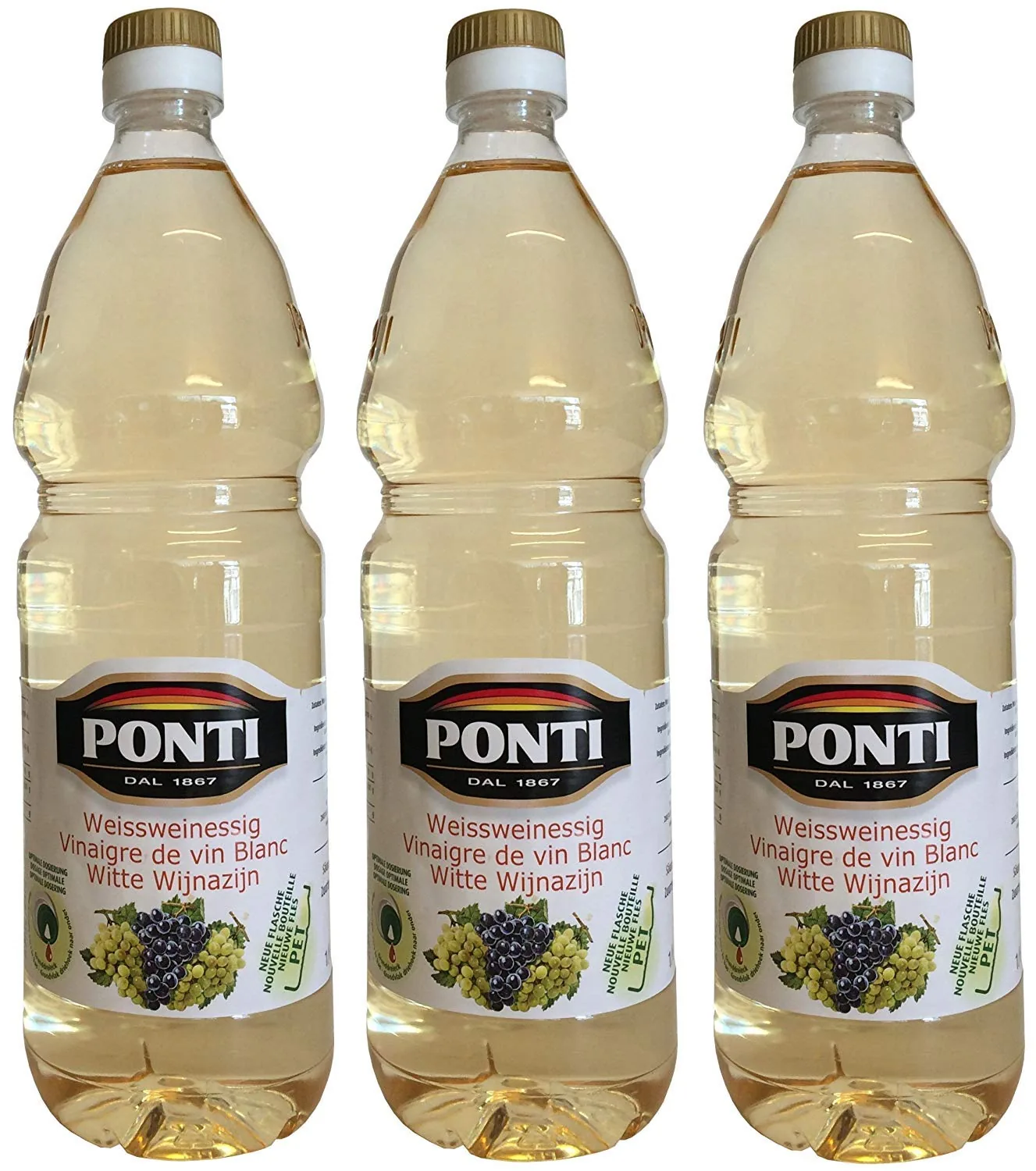 Vinaigre De Vin Blanc Ponti (3 X 1000 Ml) En Bouteille Pet - Aceto Di Vino Classico Bianco