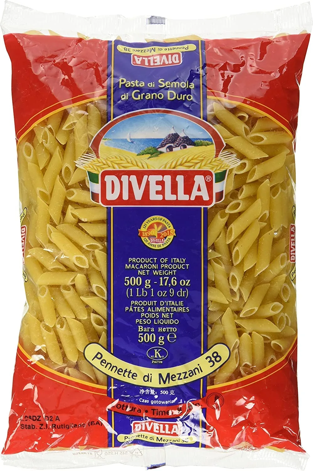Lot De 5 Pâtes Divella 100 % Italiennes N°38 Pennette Di Mezzani 500 G