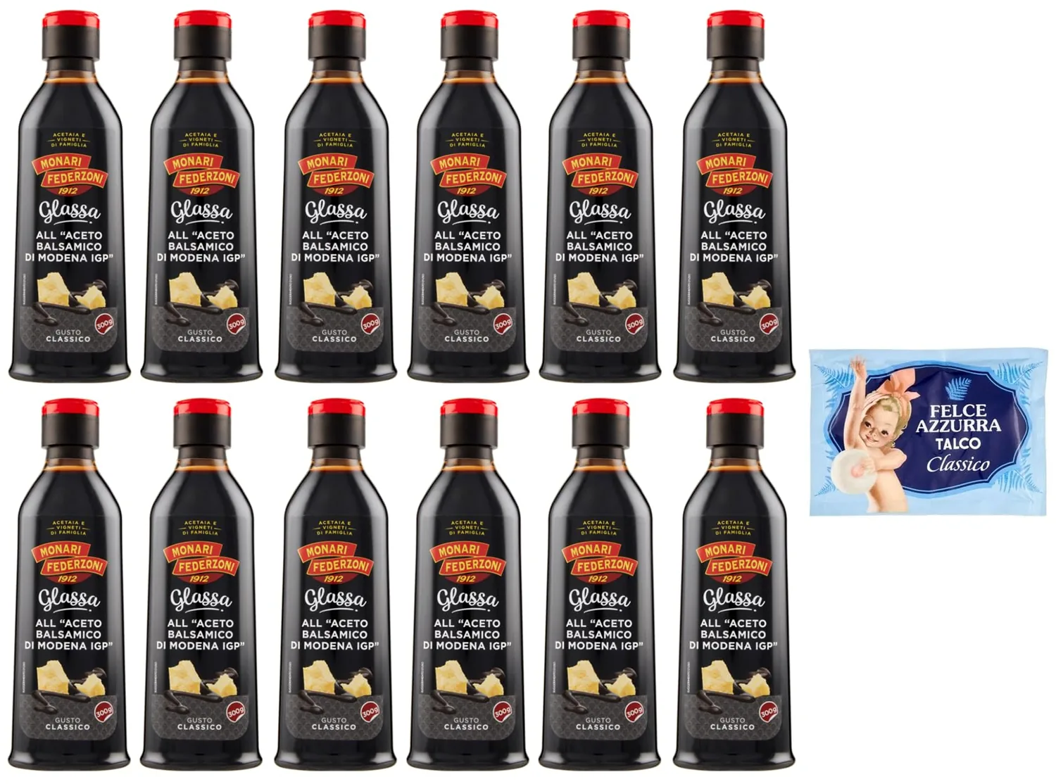 Monari Federzoni Glassa All'aceto Lot De 12 Crèmes Glacées Au Vinaigre Balsamique De Modène I.G.P. 300 G + 1 Sachet De Talc Felce Azzurra Gratuit 100 G