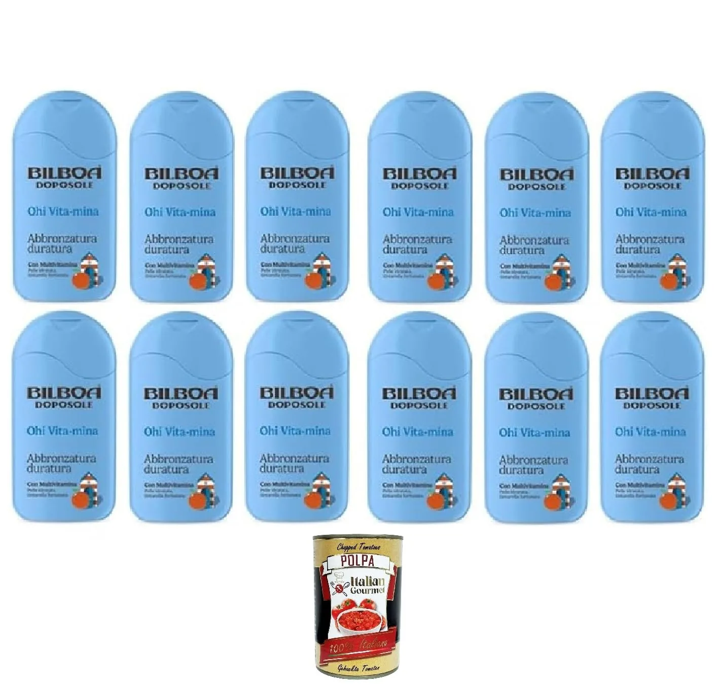 Bilboa Lot De 12 Crèmes Après-Soleil Doposole Ohi Vita-Mina, Bronzage Longue Durée Avec Multivitamine, Peau Hydratée, Testée Dermatologiquement – 200 Ml + Italian Gourmet Polpa 400gr