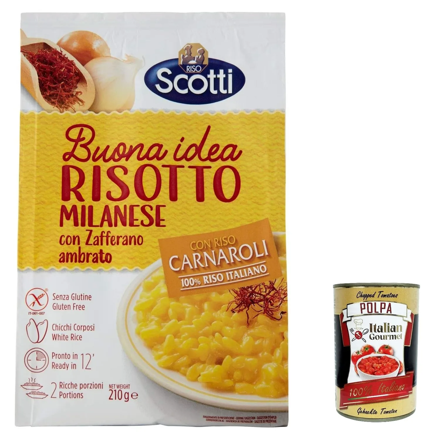 10x Riso Scotti Risotto Alla Milanese Lot De 6 Riz Carnaroli Avec Safran Ambré, Sans Gluten 210 G + Polpa Gourmet Italien 400 G
