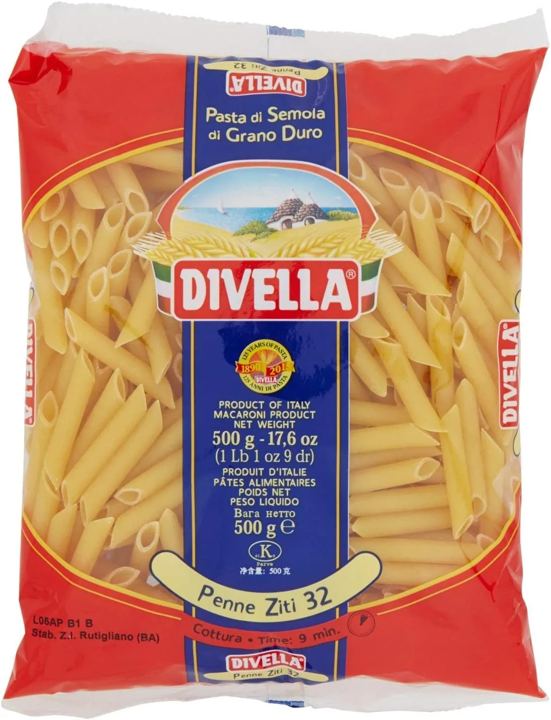 Lot De 5 Pâtes Divella 100 % Italiennes N° 32 Penne Ziti 500 G