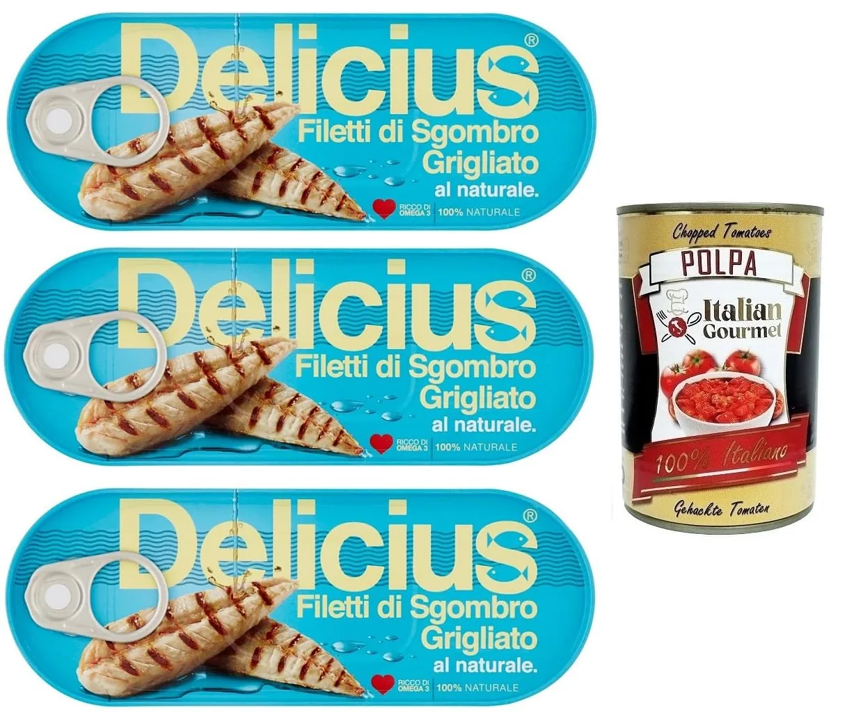 Delicius Filetti Di Sgombro Grigliati Al Naturale Lot De 3 Filets De Maquereau Grillés Naturels Riches En Oméga 3, Poisson Bleu De Haute Qualité, Boîte De 110 G + Boîte De 400 G Gourmet Italienne