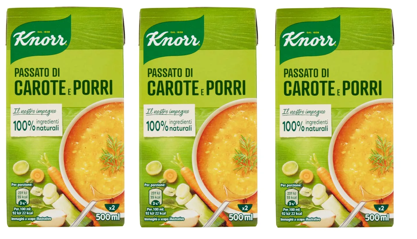 3 X Knorr Passato Di Carote E Porri Purée De Carottes Et Poireaux Plat De Soupes Prêtes À Être Chauffées 500 Ml