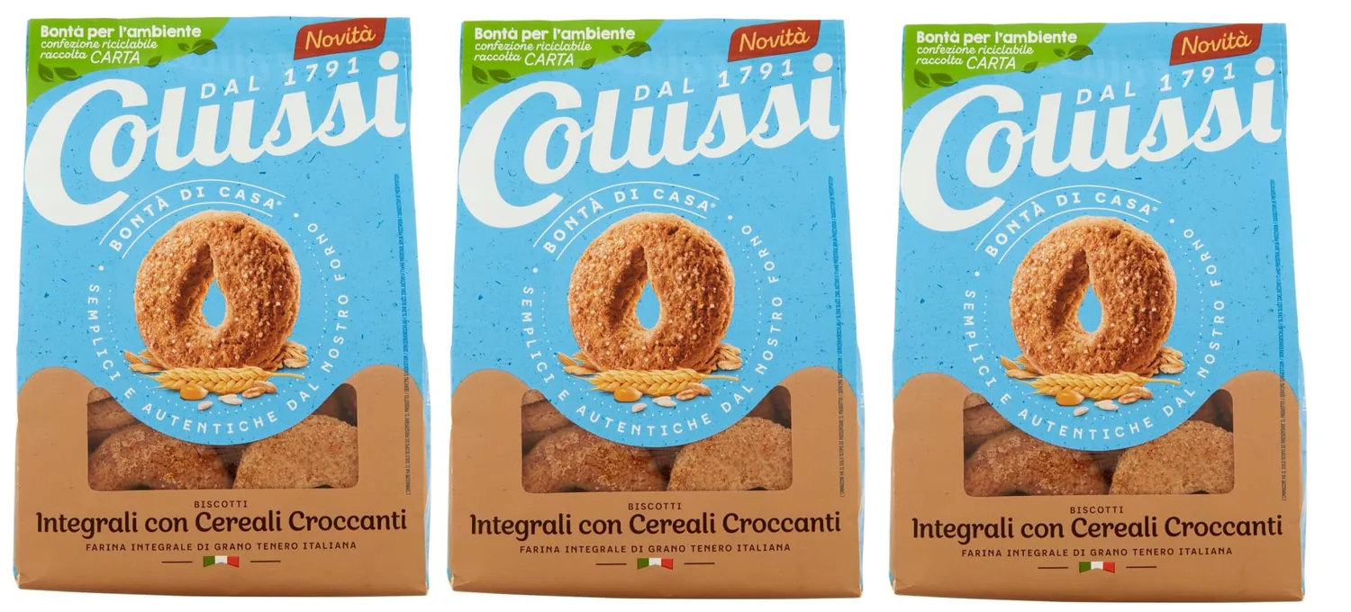 3 X Colussi Integrali Con Cereali Croccanti Biscotti Con Farina Di Frumento Integrale E Cereali Croccanti Biscuits Avec Farine De Blé Entier Et Céréales Croustillantes Sachets De 300g