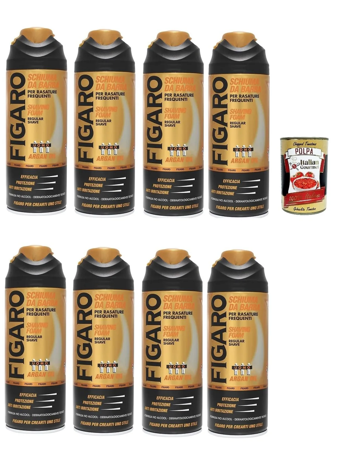 Figaro - Mousse À Barbe À L'huile D'argan - Pour Rasage Fréquent - Mousse À Barbe Délicate Et Confortable - 8 X 400 Ml + Italian Gourmet Polpa 400 G