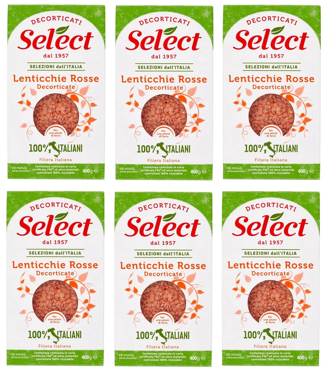 6x Select Lenticchie Rosse Decorticate Lentilles Rouges Pelées 100% Italiennes Papier Emballage De 400g