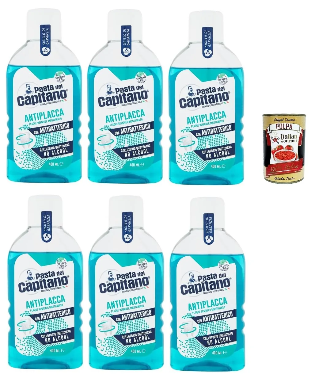 Pasta Del Capitano Collutorio Antiplacca Bain De Bouche Anti-Plaque Hygiène Buccale 6 X 400 Ml + Italian Gourmet Polpa 400 G