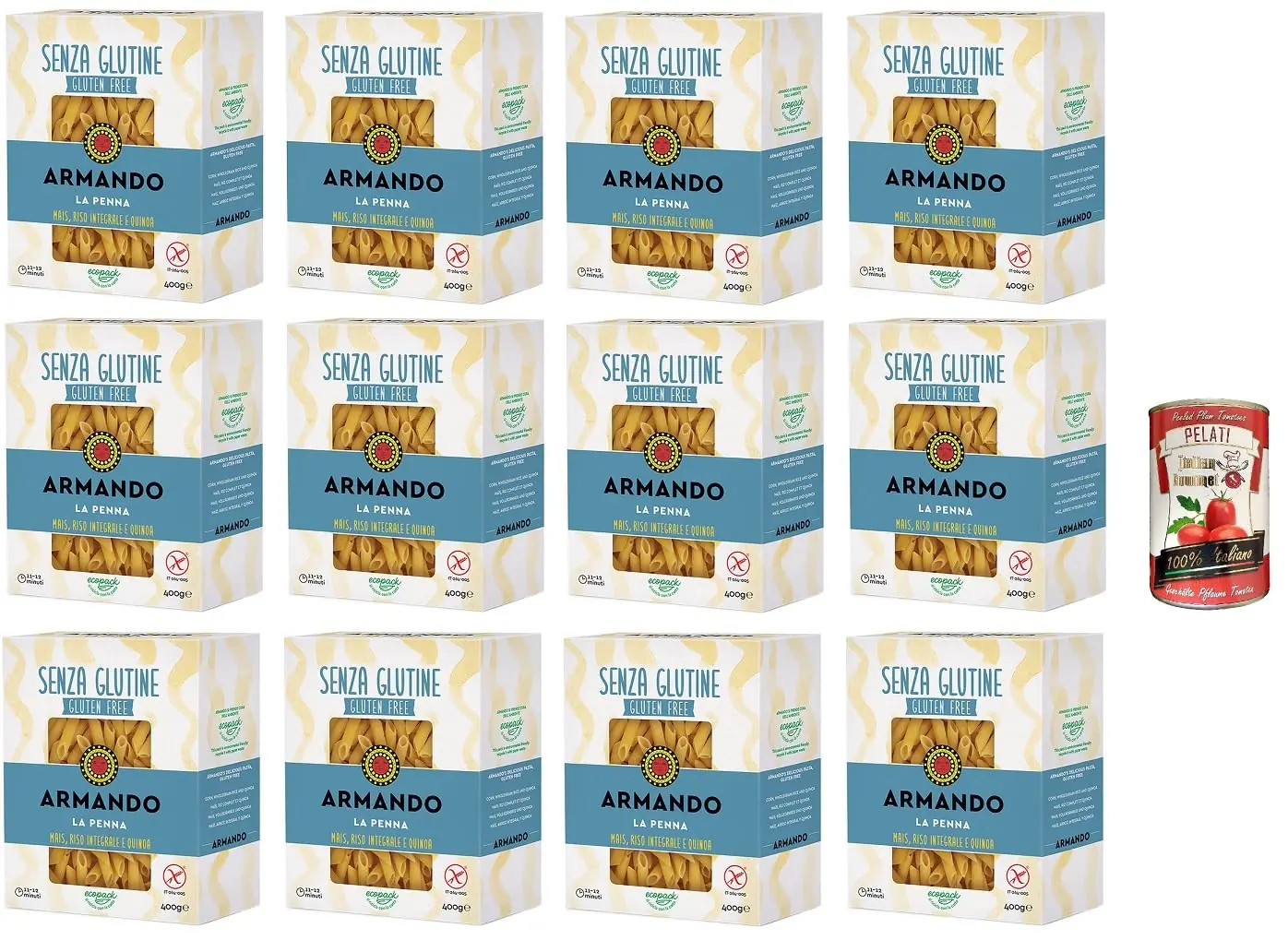 Armando, La Penna, 12 Nouilles Multi-Grains Sans Gluten Avec Maïs, Riz Brun Et Quinoa 400 G + Italian Gourmet Pelati 400 G