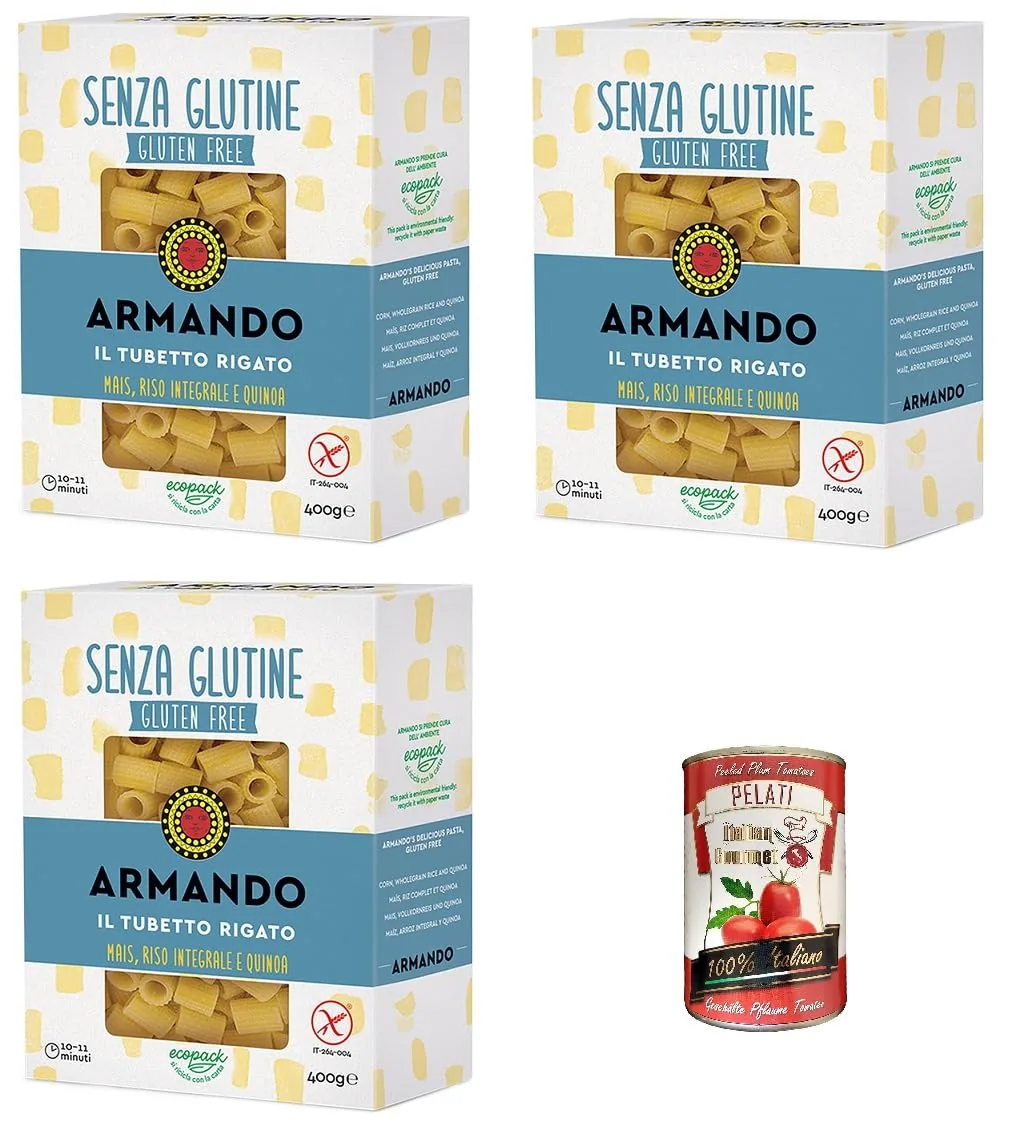 Armando, Il Tubetto Rigato Lot De 3 Nouilles Multi-Grains Sans Gluten Avec Maïs, Riz Brun Et Quinoa 400 G + Pelati Italien Gourmet 400 G