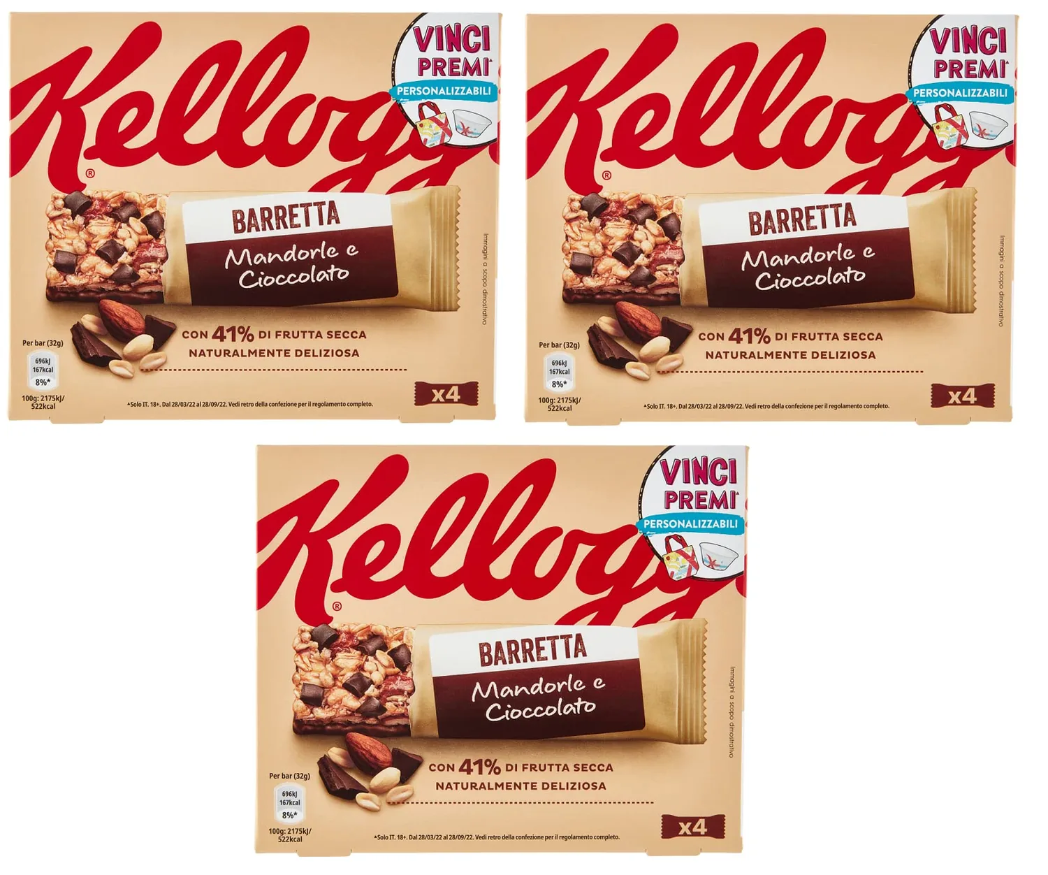 Kellogg's Barretta Mandorle E Cioccolato Lot De 3 Barres De Chocolat Et D'amande (4 X 32 G) 128 G Avec 41 % De Fruits Secs